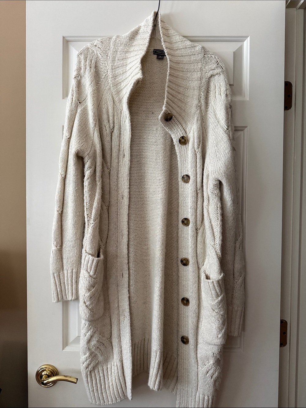 Shawl-Collar Cable Knit Cardigan Sweater - Cream
